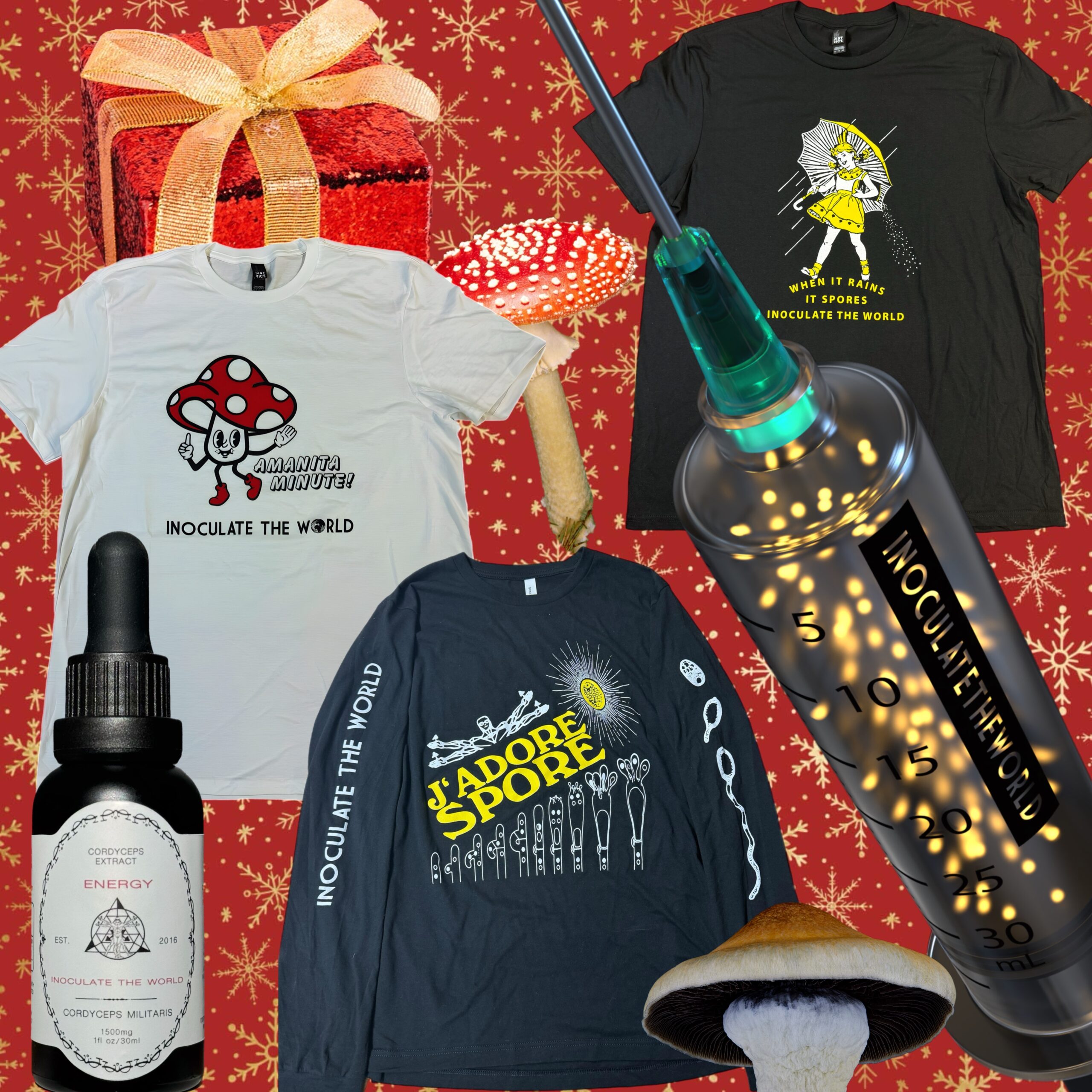 Collage of InoculateTheWorld products including shirts, tincture bottles, and spore syringes