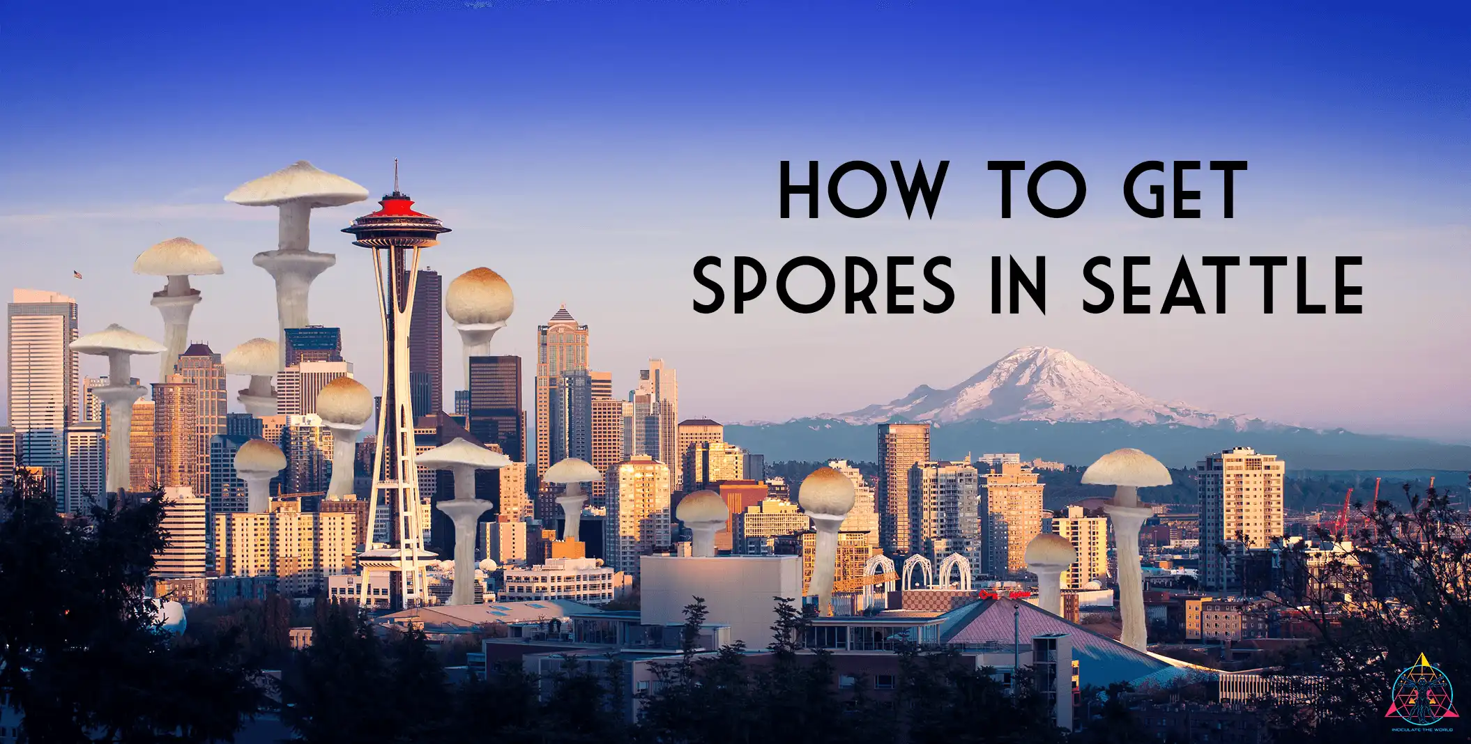 seattle skyline with skyscrapers and mushrooms on buildings