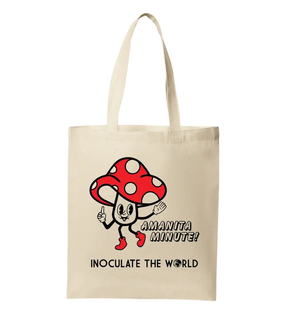 A white tote with our Amanita Minute graphic printed on it.