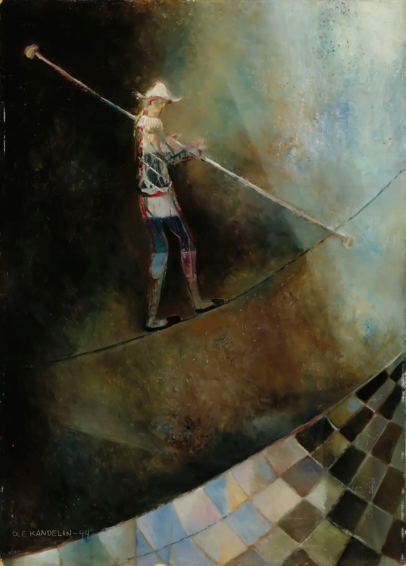 A tightrope walker in a dark, foggy, abstract setting